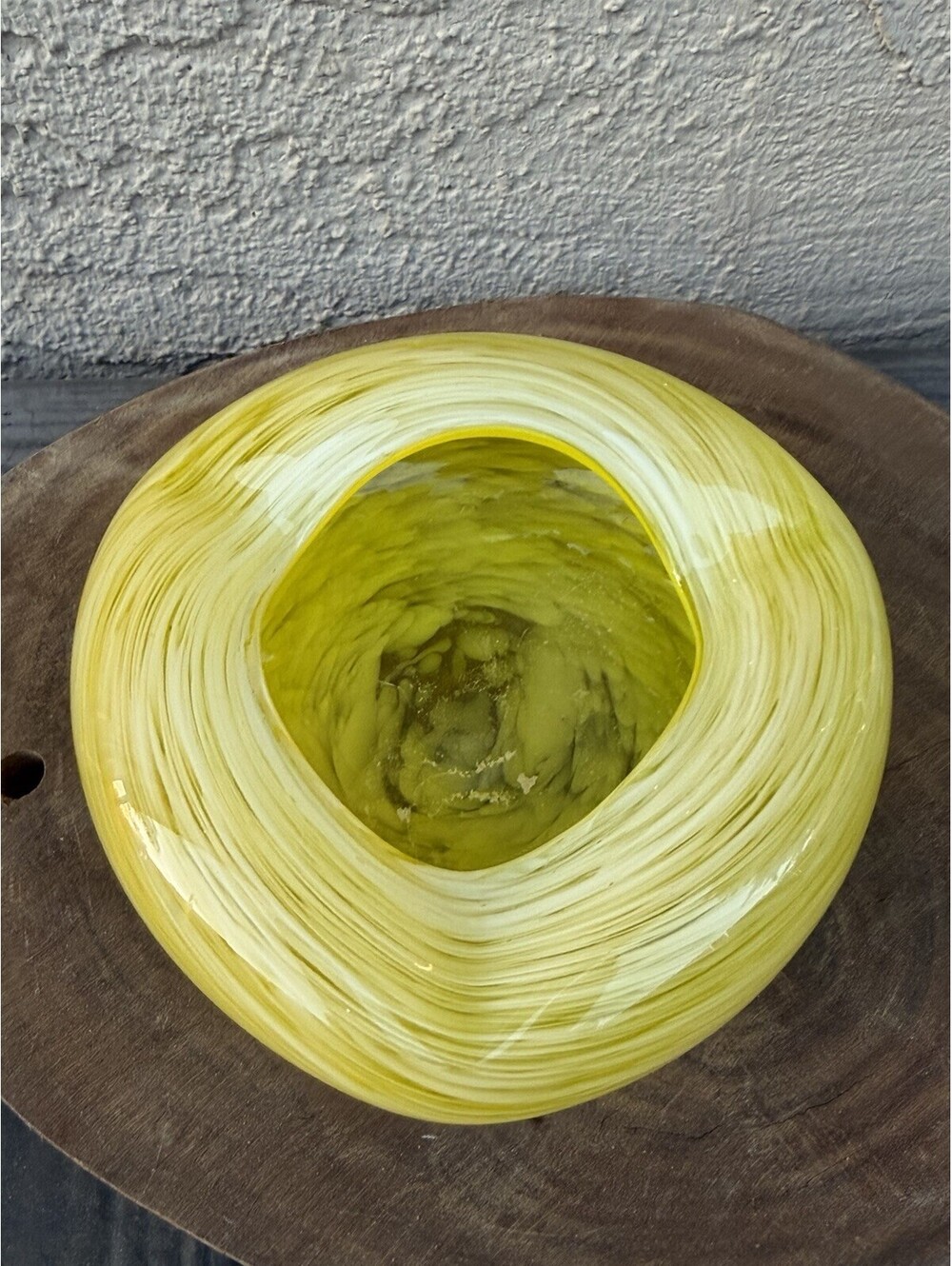 Vintage Yellow and White Swirl Hand Blown Art Glass Squat Bowl